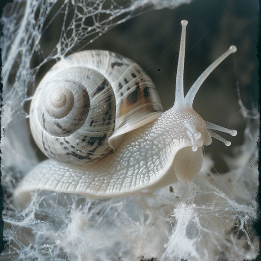 A snail framed by delicate cobwebs in the style of Gregory Colbert