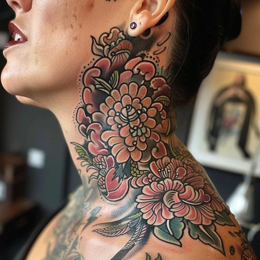 Female neck tattoos with Japanese influences, in the style of Ami James