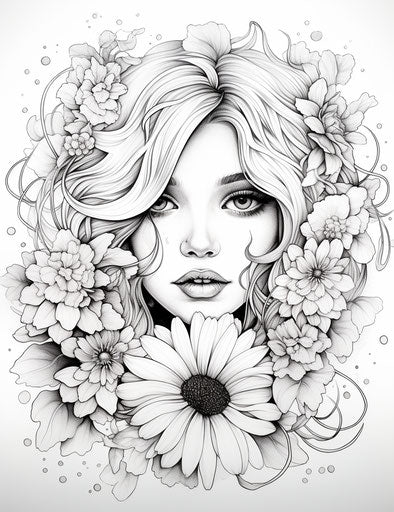 Coloring pages with hearts and flowers, watercolor style