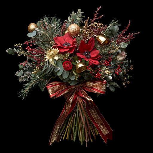 Winter flower bouquet wrapped with festive jingle bells