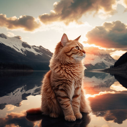 Orange cat in front of mountain scenery