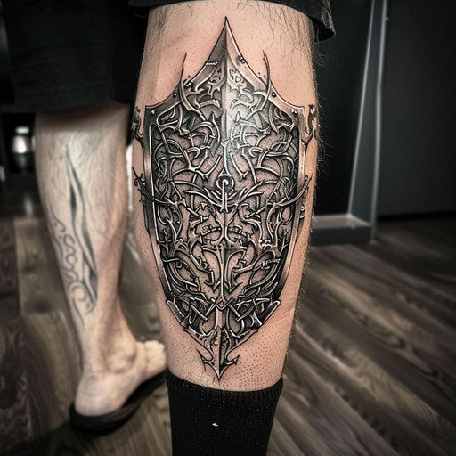 Cool tattoos for men with an Elvish shield on the leg