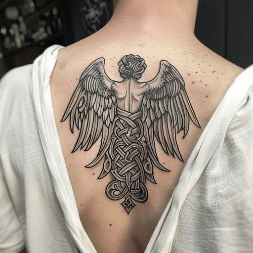 Guardian angel tattoo with Celtic design on white backdrop