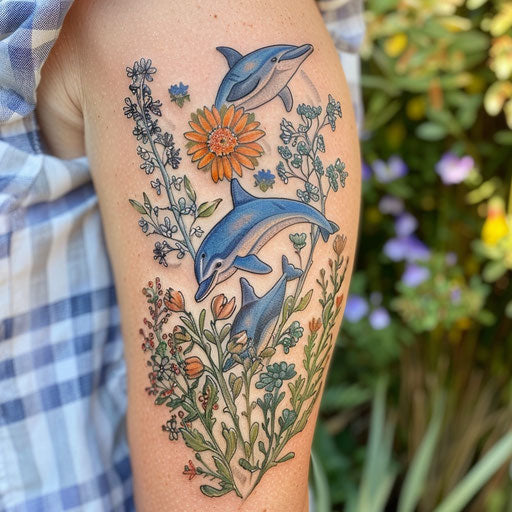 Wildflower tattoo with dolphins, oceanic colors, playful design, nature-inspired