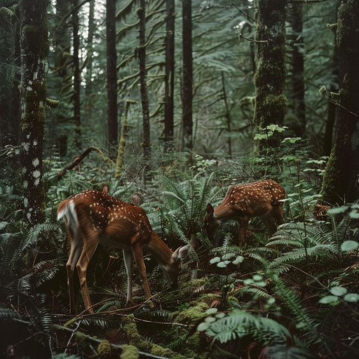 Thriving wildlife in dense forests of Mount Baker, capturing raw beauty of nature, in the style of Corey Arnold