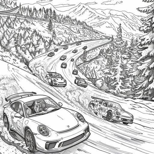 Detailed illustration of car rally competition, coloring page