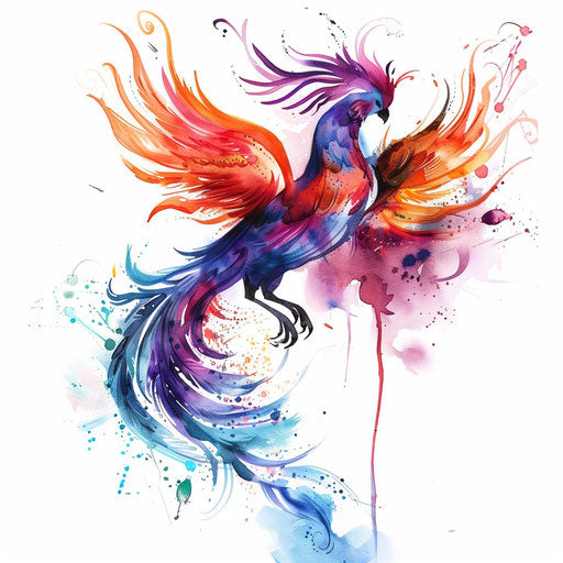 Colorful unalome tattoo with phoenix in watercolor on white