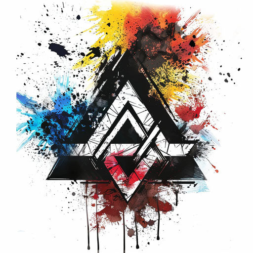 Expressive splatter art tattoo sketch of a Valknut