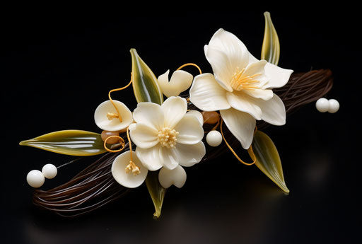 Vanilla flavor with white flower and leaves, in the style of made of vines, body extensions, light yellow and dark amber, tangible texture, naturecore 76:51