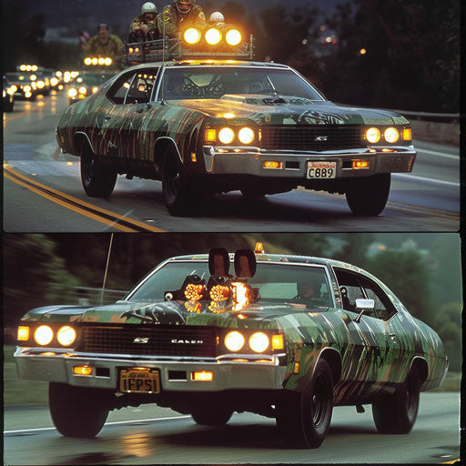 1976 Malibu Classic in military theme, camouflage paint and mounted lights, in a convoy