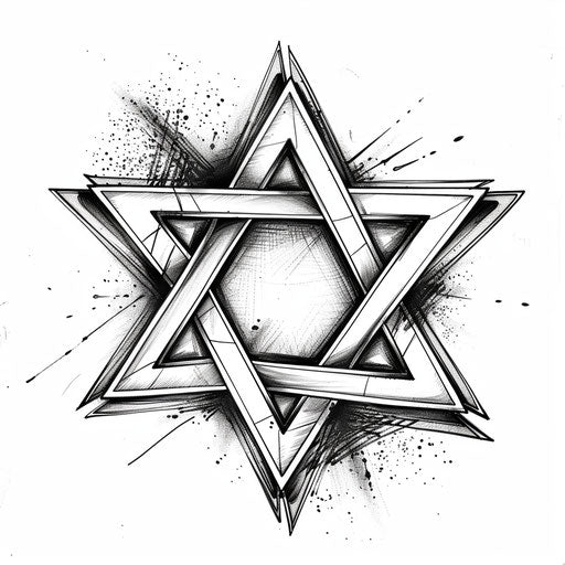 Graphic tattoo sketch of a Star of David with sharp lines and a clean, modern look