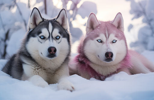 Sled dogs lying in the snow, dark maroon and light blue style
