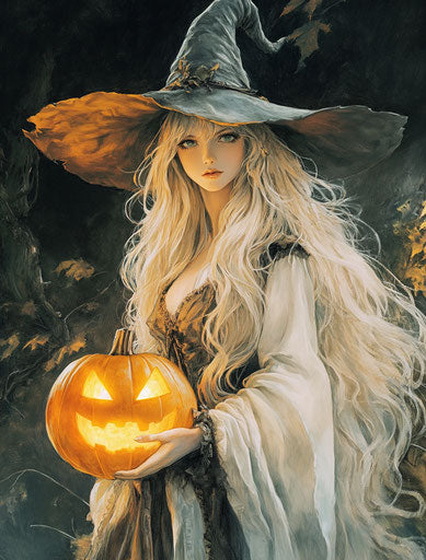 Witch with glowing orange pumpkin, dark fantasy artwork