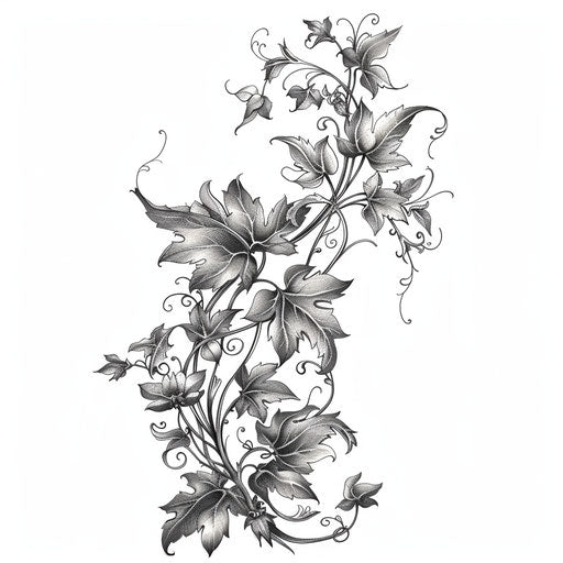 Vintage botanical vine tattoo illustration with detailed leaves and flowers in classic engraving style on white