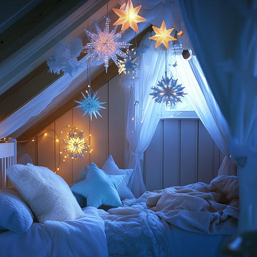 Whimsical children's bedroom with ceiling hung decorations