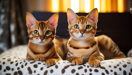 Two bengal cats sitting on a bed, light maroon...