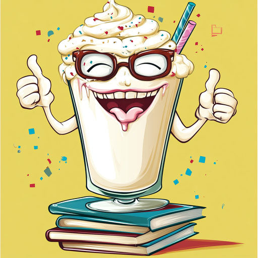 Humorous caricature of a milkshake caricature clipart with human characteristics, exaggerated raised eyebrows, big hands, with a stack of books, vibrant colors, cartoon style, winking, high-resolution, no background, isolated