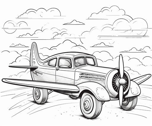 Coloring page of a car with a small airplane drawing, repetitive style 6:5