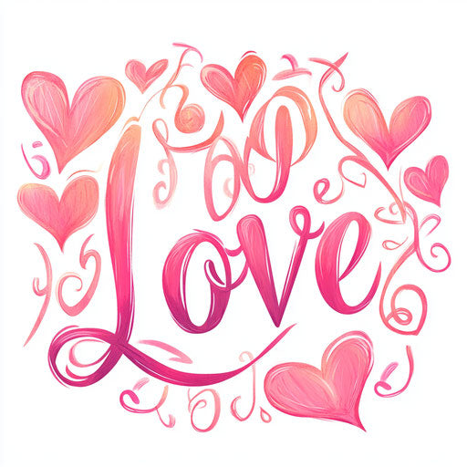 Love in cursive style with pink hearts on white background