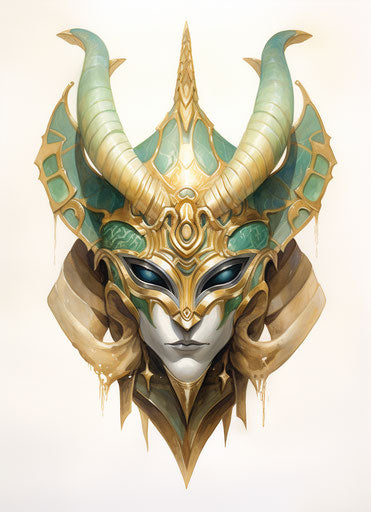 Egyptian mask with horns and eye, light gold and emerald