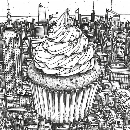 Urban cupcake with street art in the style of Stephen Wiltshire