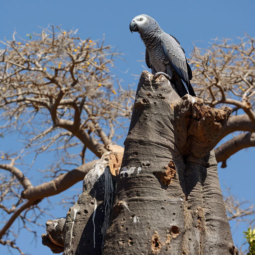African grey parrot on ancient baobab with expansive view