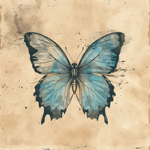 Rustic flat tattoo sketch of a blue butterfly with vintage texture