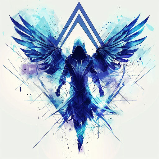 Sleek tattoo sketch of the angel of death, modern blue design