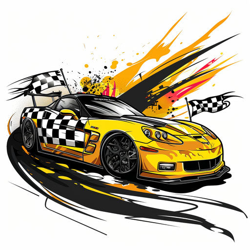Bold clipart-style sketch of a race car with checkered flags and intense yellows