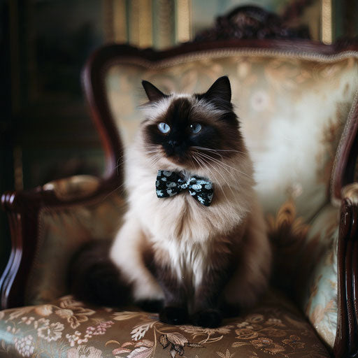 Himalayan cat with a bow tie sitting on a classic armchair