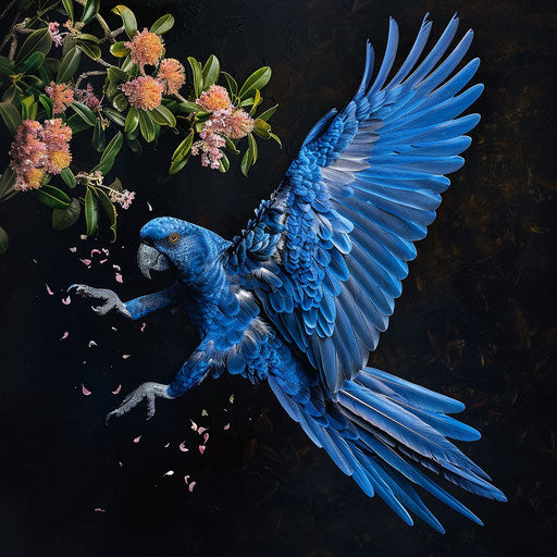 Spix's macaw soaring from a flowering tree