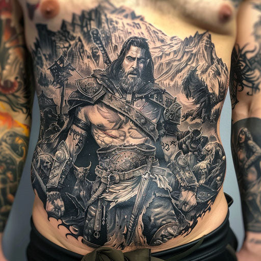 Epic fantasy scenes in Adrian Smith's stomach tattoo style