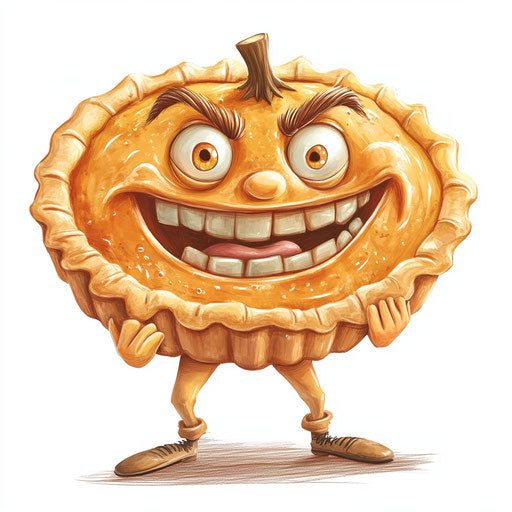 Humorous caricature of a pumpkin pie with human characteristics