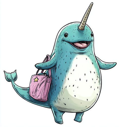 Humorous caricature of a narwhal with human characteristics