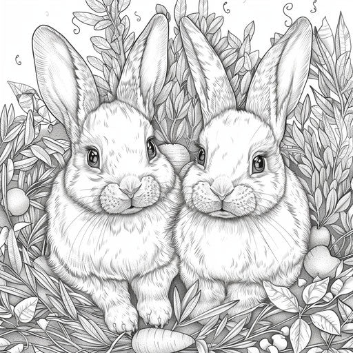 Cute bunnies with carrots in the style of Mark Schultz Coloring book page