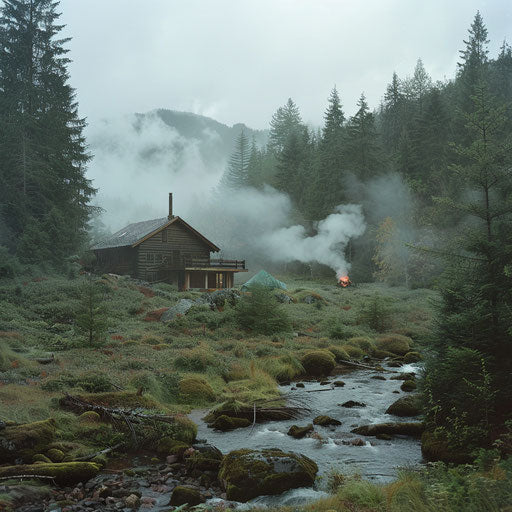 Misty morning at a mountain lodge