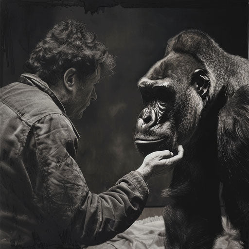 Koko the gorilla interacting with a human friend