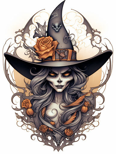 Halloween witch hat with bats in pencil steampunk style