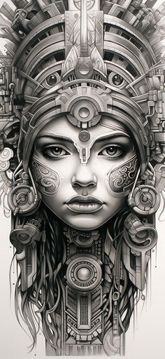 Woman's face in Aztec and Mayan art style, clean ink