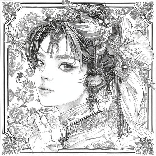 Opulent anime with surreal themes, in the style of Raqib Shaw, coloring page