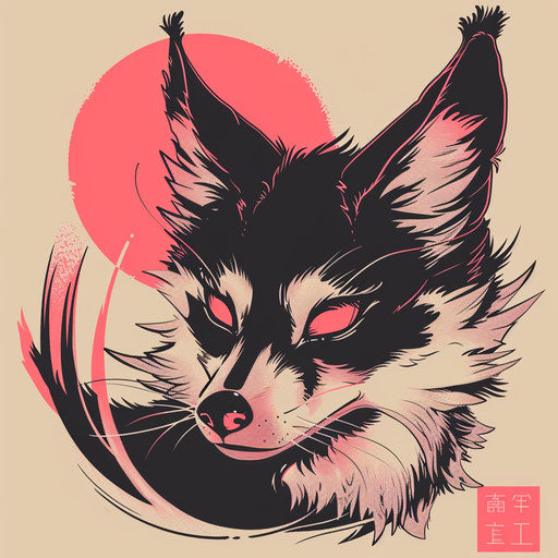 Bold line art of retro kitsune tattoo with limited colors