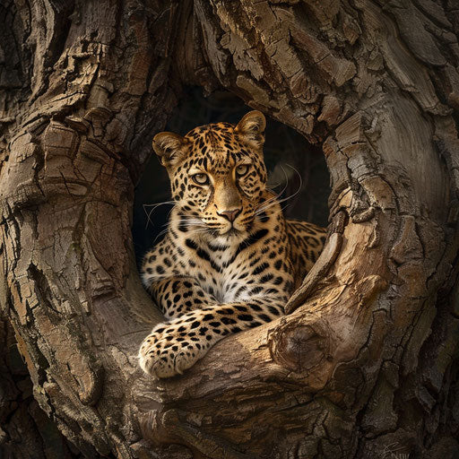 Amur leopard perched in ancient gnarled tree