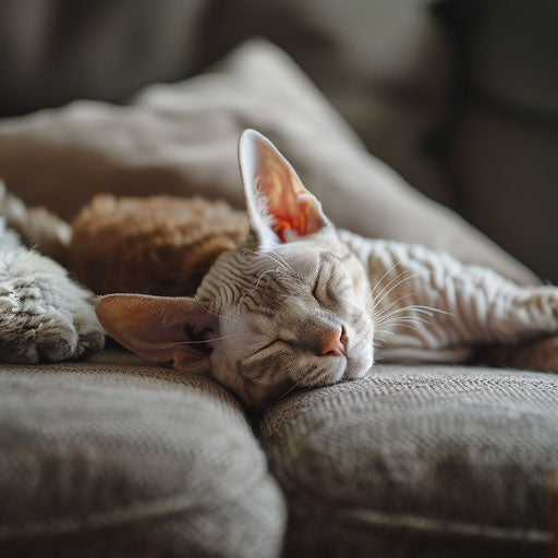 Cornish Rex cat dozing on a couch