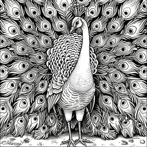 A peacock showing its colorful feathers. Coloring book page