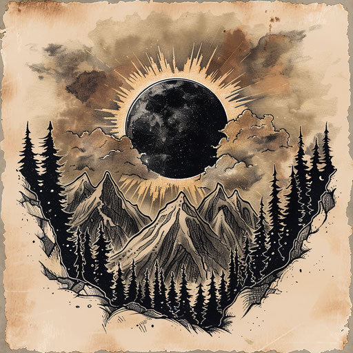 Rustic sketch of an eclipse in a mountain landscape