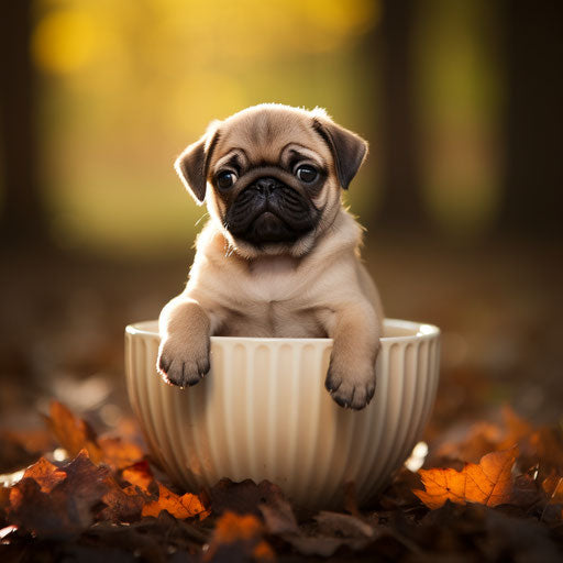 Pug puppy in a coffeecup: gentle whimsy