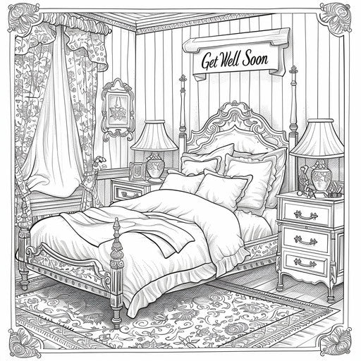Cozy bedroom with a 'Get Well Soon' card on the nightstand