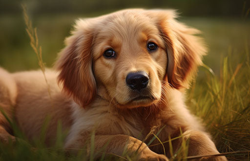 A golden retriever puppy lying down in the grass