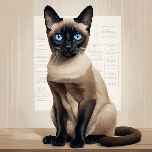 Siamese cat sitting with blue eyes on beige and brown background