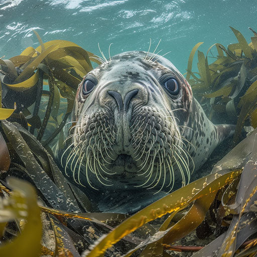 Curious walrus seal gaze from beneath water, surrounded by kelp